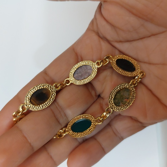 Multi Stones Scarab Bracelet Gold Tone Links Semiprecious Gems - Picture 5 of 9